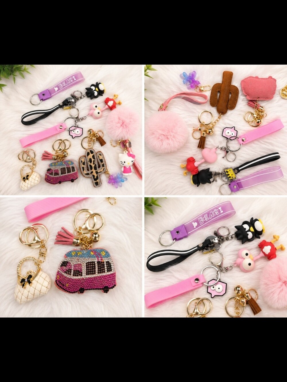 Assorted Cute Keychain Bundle with Pink Pom Pom & Novelty Charms